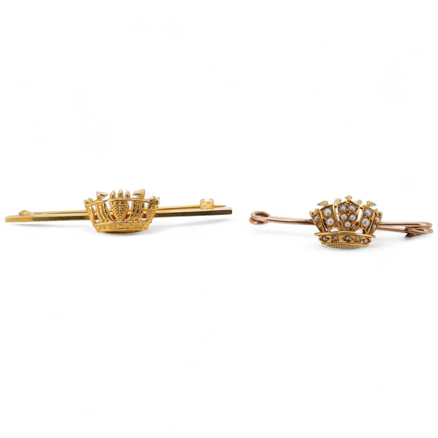 An Edwardian 15ct and seed pearl cluster set coronet bar brooch, 36mm, gross 2.4 grams and 9ct gold coronet bar brooch, 3.5 grams.